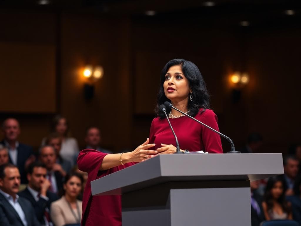 Woman delivering confident keynote presentation after communication coaching