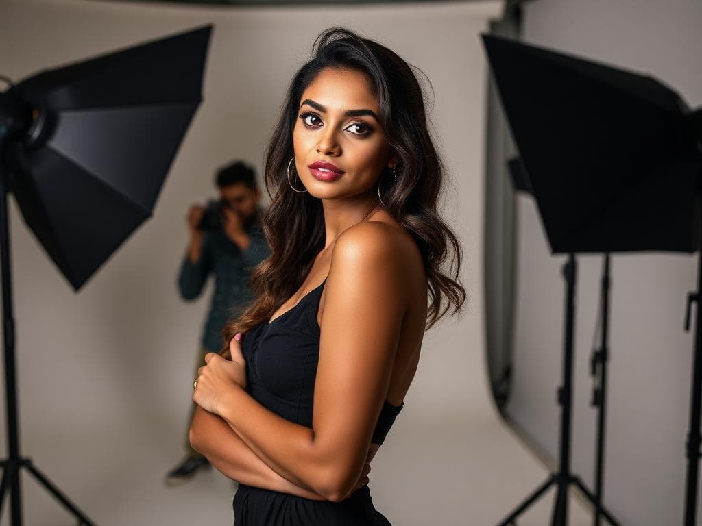 Editorial studio shoot with celebrity styled model