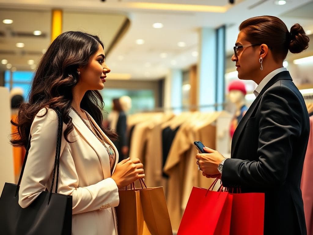 Personal shopper helping client choose outfits at luxury boutique in India